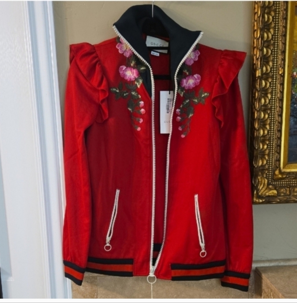 Gucci Red Bomber Jacket with Floral Embroidery